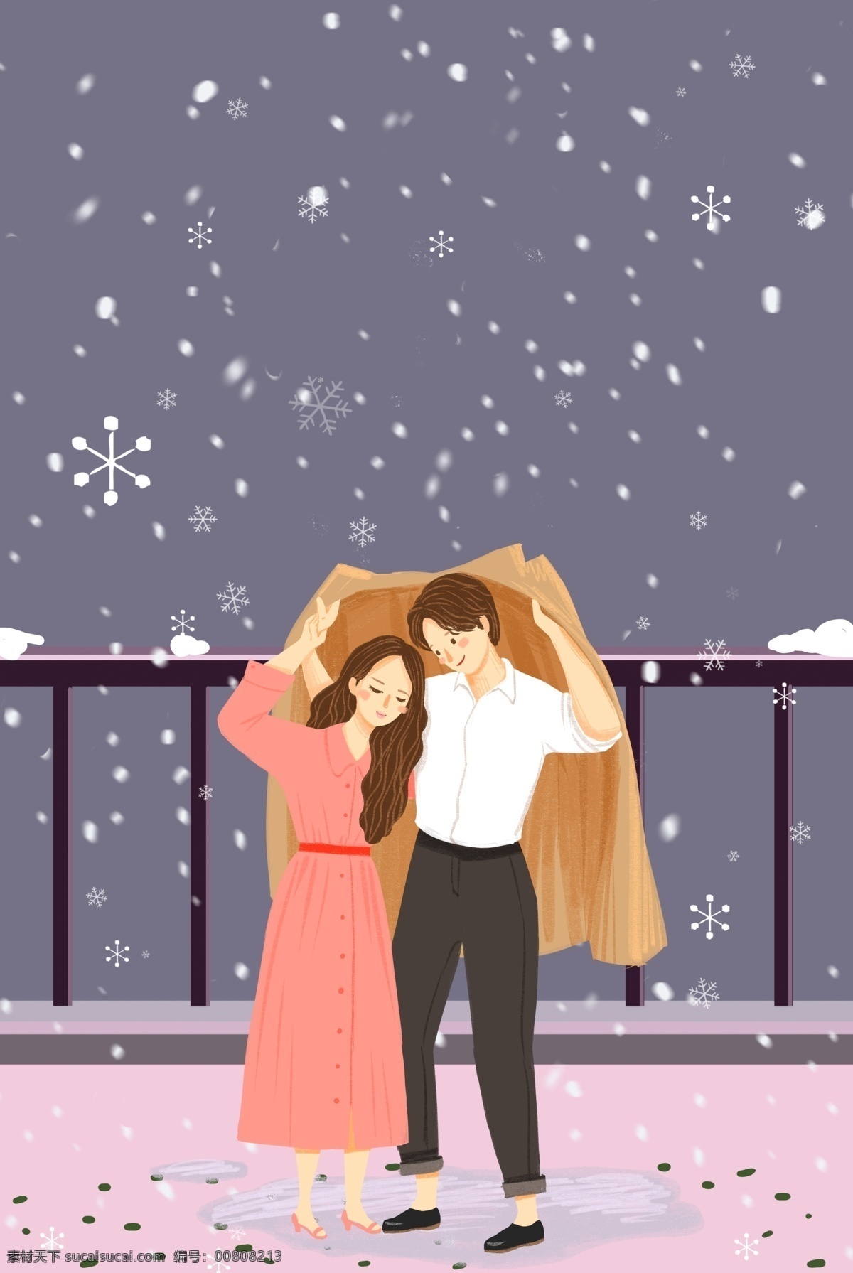唯美 冬日 雪 中 浪漫 情侶 插 畫風(fēng) 海報(bào) 冬天 雪花 人物 愛情 插畫風(fēng) 促銷海報(bào)