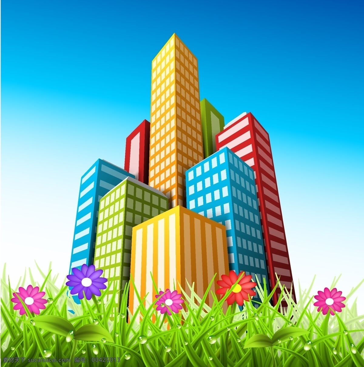 城市 建筑 矢量 卡通花朵 鲜花 绿叶 绿色环保 生态环保 高楼大厦 高清图片
