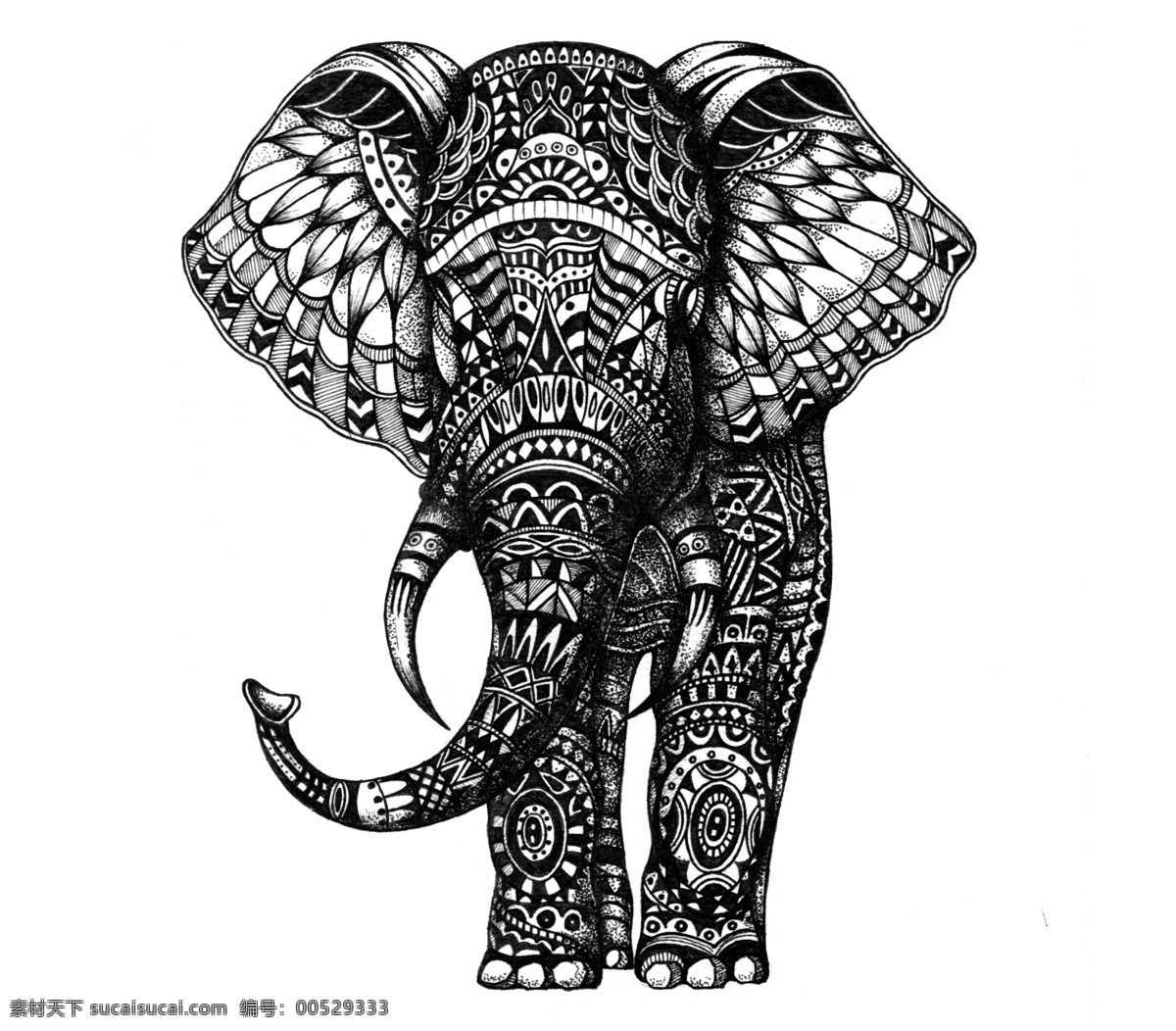 插画 大象 手绘 原创 黑白 文化艺术 绘画书法
