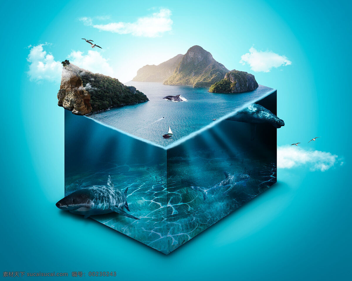 水立方图片 ps创意合成 水 立方 上 水下生物 萎缩景观 白云 海鸥 海 鲨鱼 海岛 山崖 创意合成