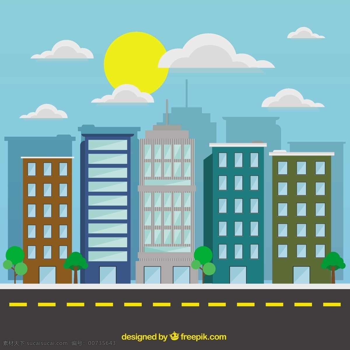 陽光 明媚 天 背景 下 公寓 建筑 城市 路平坦 平面設(shè)計 現(xiàn)代 城市景觀 城市建筑 一天 陽光明媚 摩天大樓
