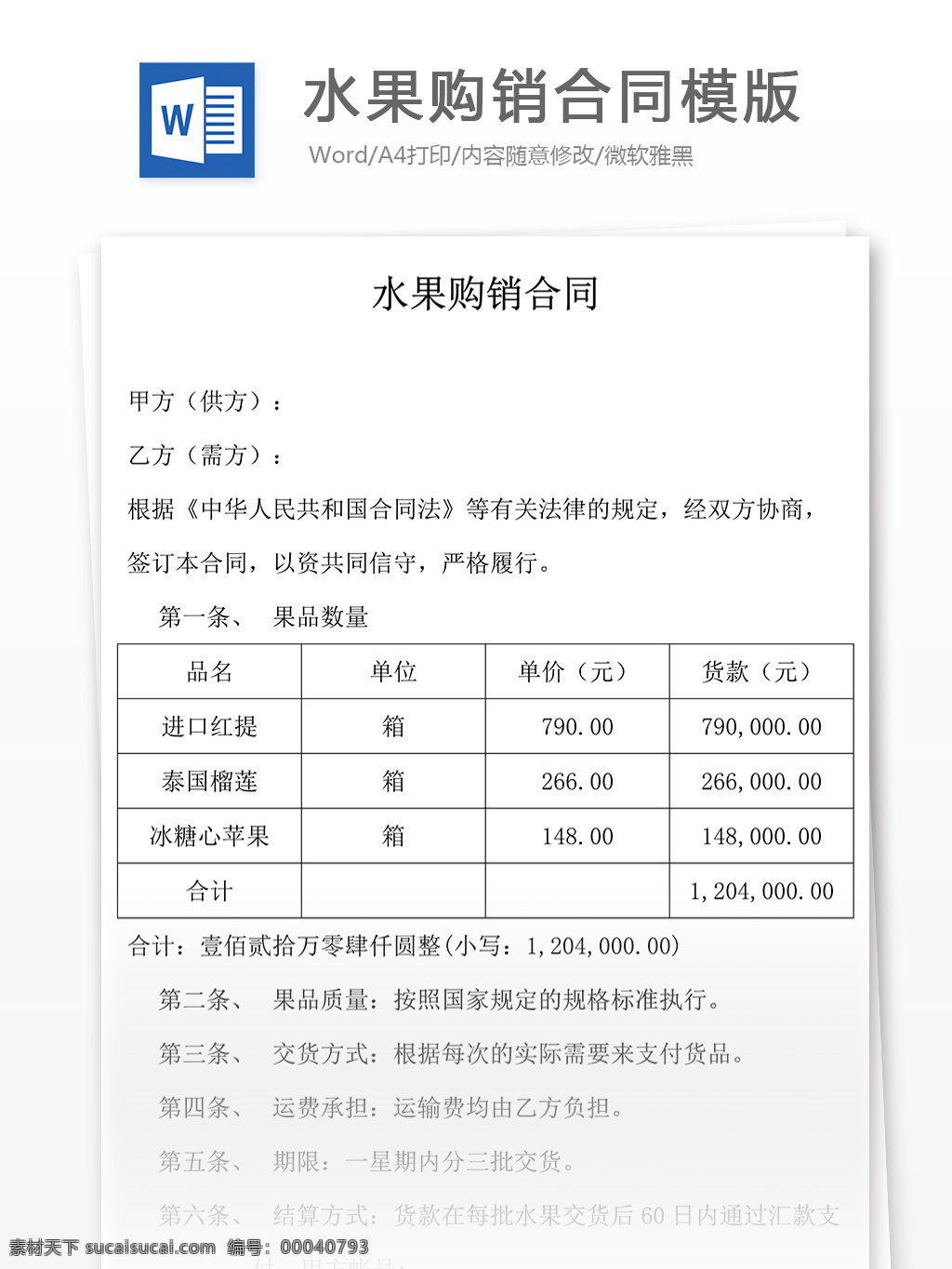 水果 購銷 合同 格式 標(biāo)準(zhǔn) 實(shí)用文檔 合同協(xié)議 水果購銷合同