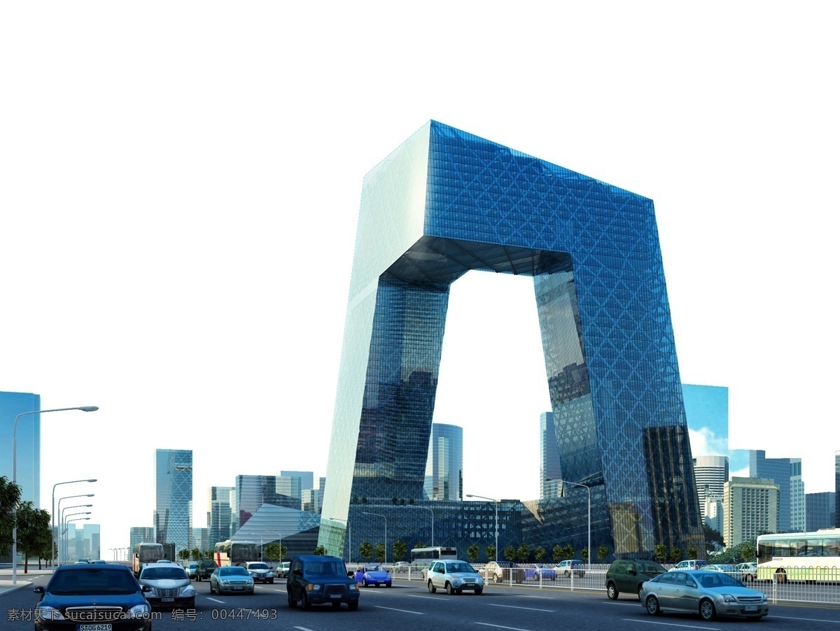 央视大楼 车 人 树 路 玻璃幕墙 建筑效果图 效果图 建筑 景观 园林效果图 建筑设计 分层 源文件