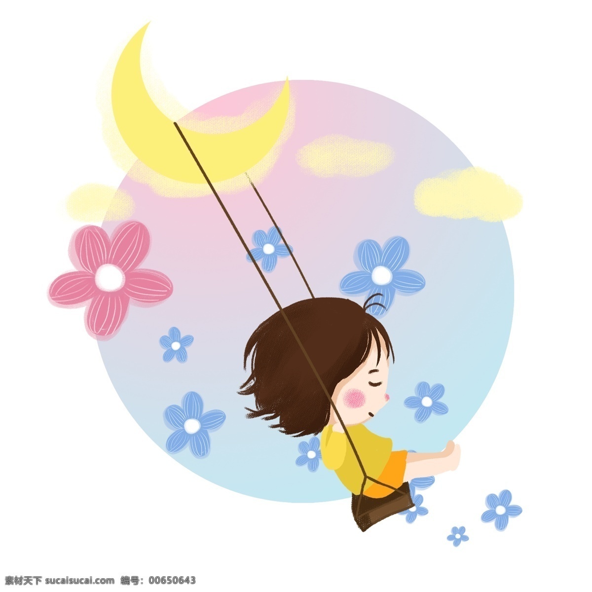 卡通 手繪 童話 夢幻 小女孩 插畫 人物 蕩秋千 卡通手繪月亮 星空 夢幻人物