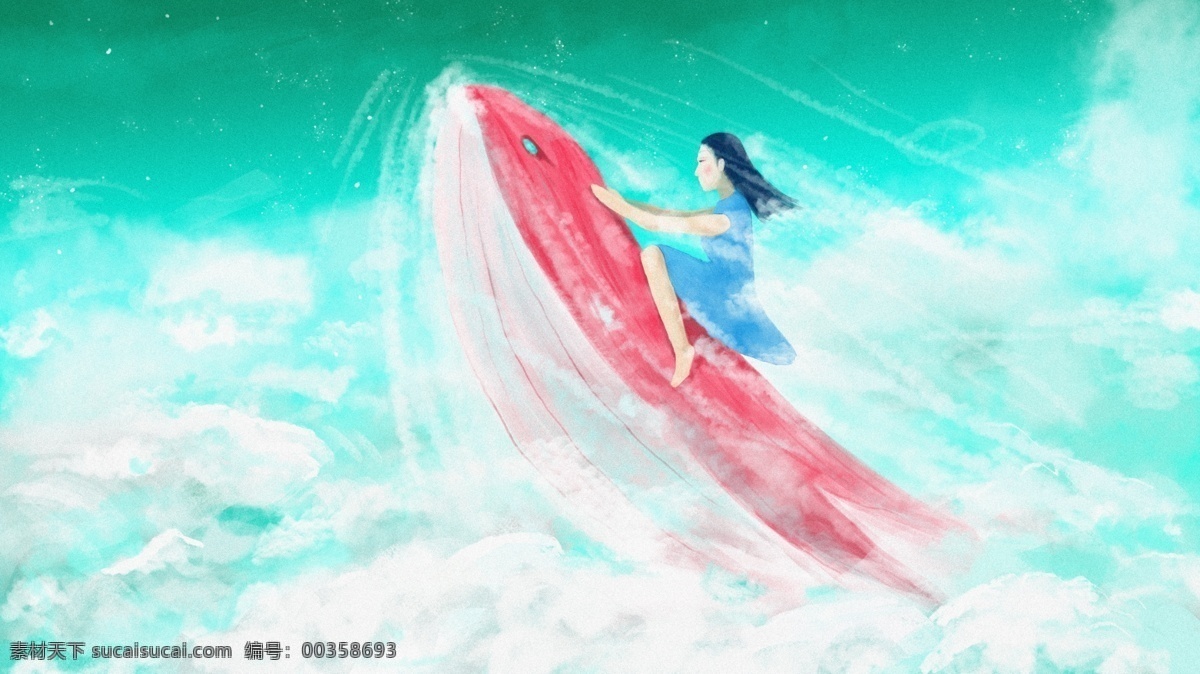 上 云霄 鲸鱼 女孩 治愈 原创 插画 云朵 天空 壁纸 星海 星河 冒险 梦 配图 动画