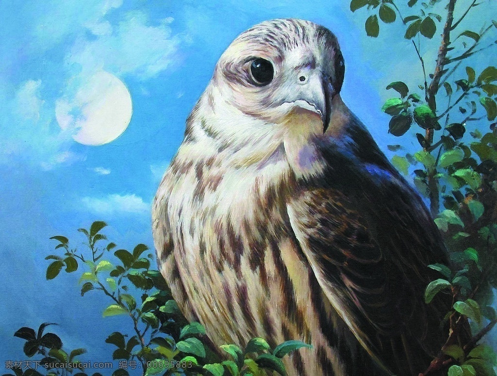 夜精灵 美术 油画 动物画 猫头鹰 月夜 树木 文化艺术 绘画书法