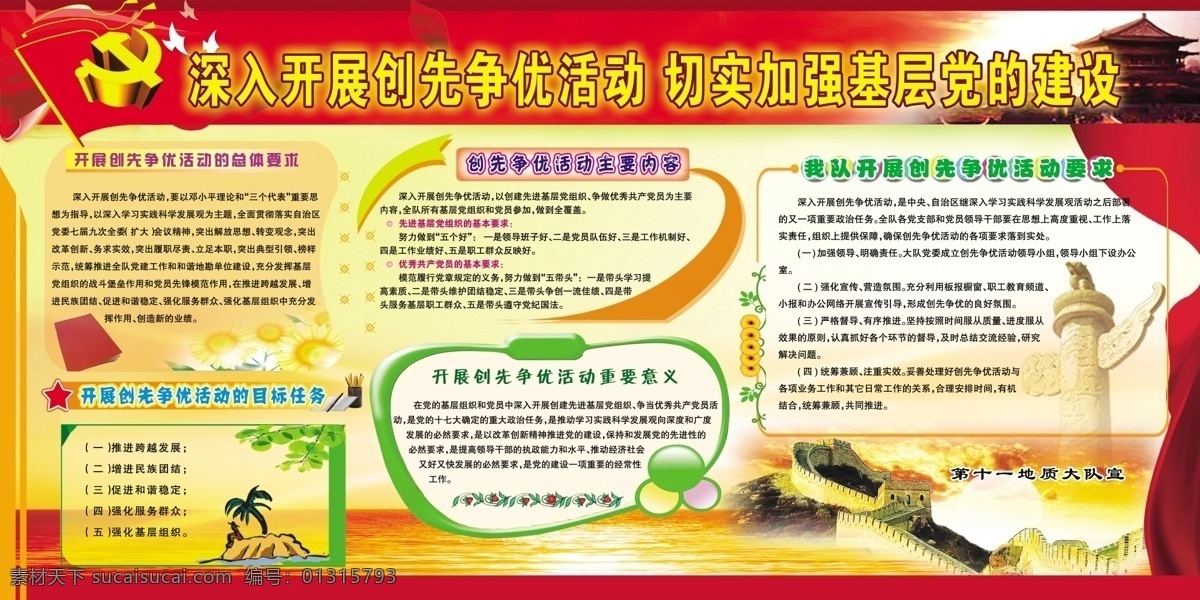 長城 創(chuàng)先爭優(yōu) 黨徽 廣告設(shè)計(jì)模板 華表 飄帶 天安門 源文件 展板 深入 開展 創(chuàng)先 爭 優(yōu) 活動(dòng) 基層黨建 總體 要求 目標(biāo)任務(wù) 重要 意義 展板模板 部隊(duì)黨建展板