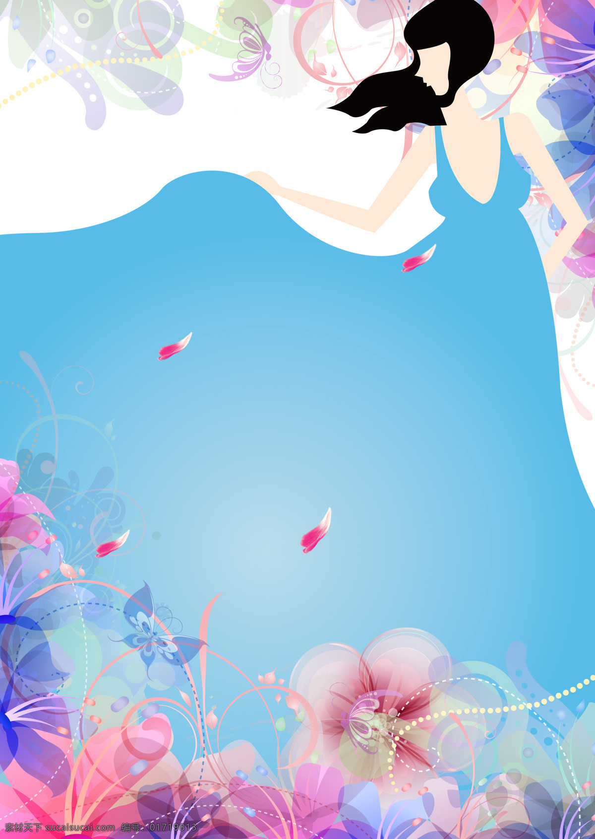 浪漫 美女 连衣裙 背景 手绘 梦幻 彩色 花朵 透明 蓝色