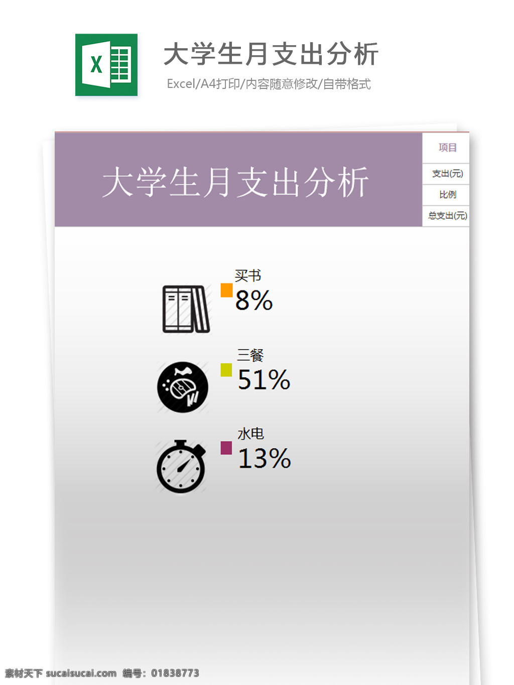 大学生 月 支出 分析 excel 模板 表格 表格模板 图表 表格设计