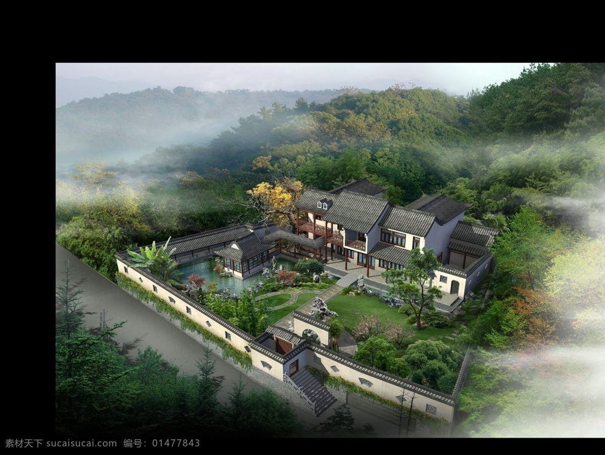 庭院 古建 鳥瞰 仿古 效果圖 分層 源文件 psd源文件 設(shè)計(jì)素材 psd模板 建筑設(shè)計(jì) 建筑裝飾 黑色