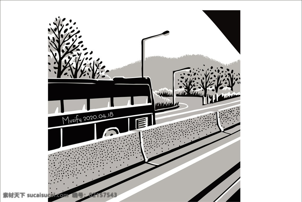 高速 路上 大巴车 黑白插画 高速路口 路边风景 山坡 路灯 黑白剪影 贴图 矢量 画册海报 画册设计