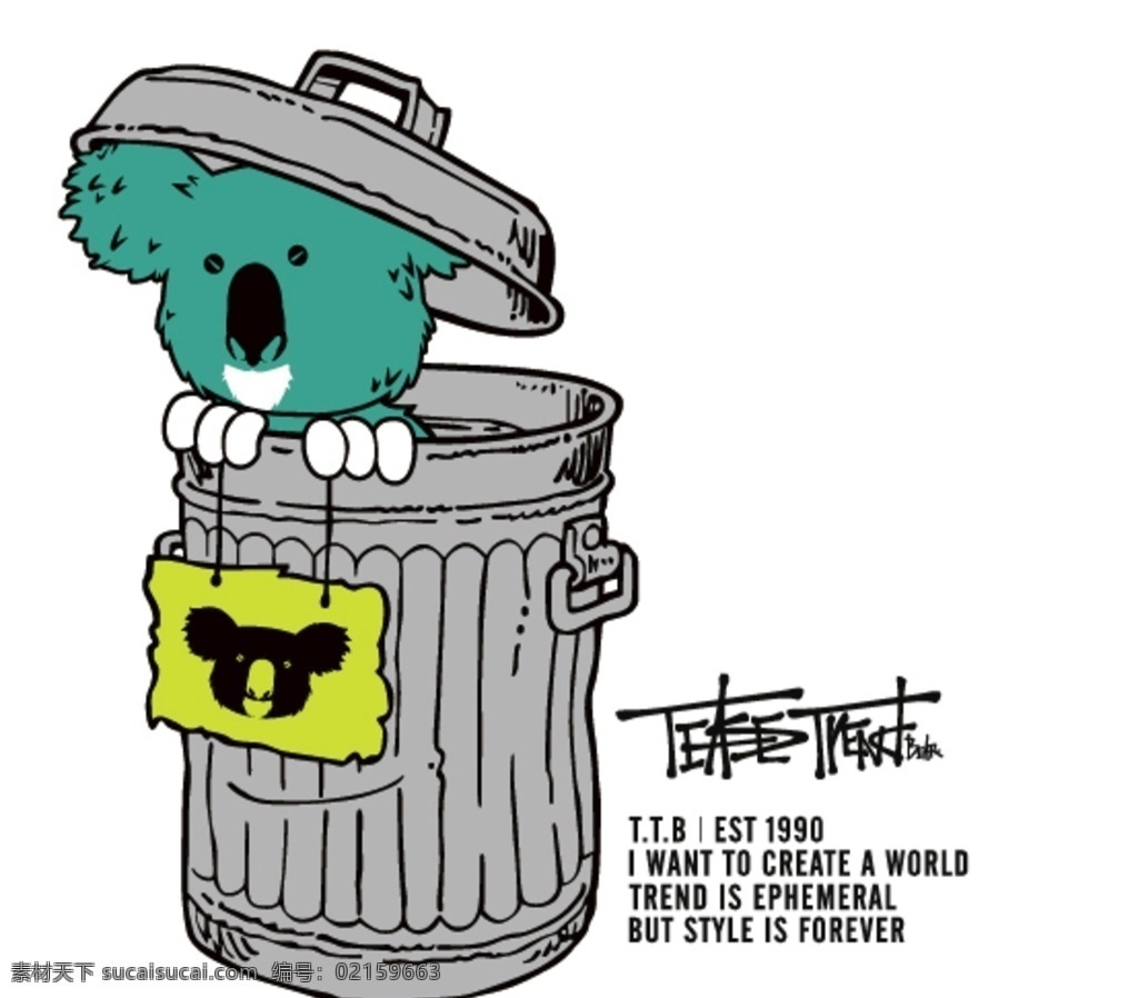 考拉 无尾熊 垃圾桶 可拉熊 树懒熊 树袋熊 矢量 印花 转移 数码 卡通 动漫 英文字 灰色 绿色 盖 桶 动漫动画