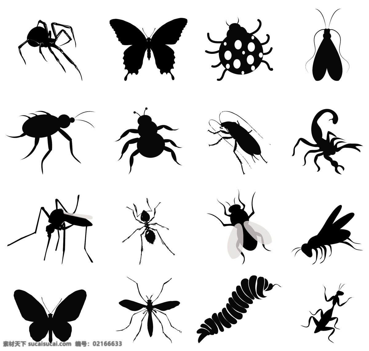 昆虫 剪影 图标 矢量图 平面 蝴蝶 蜘蛛 七星瓢虫 蚂蚁 蚊子 苍蝇 毛毛虫 蝎子 生物世界