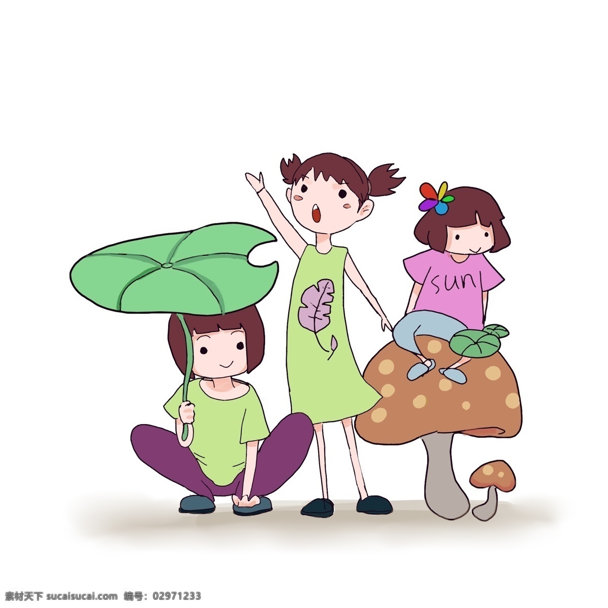 夏天 小 姐妹 一齐 出游 可爱 荷叶 蘑菇 游玩