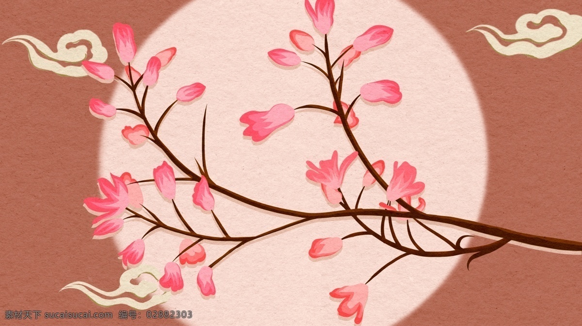 中国 风 静物 植物 花 手绘 海报 插画 壁纸 中国风 祥云 宣纸 树