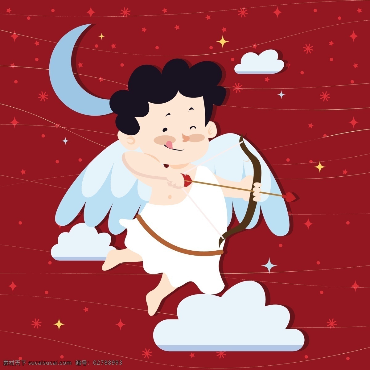 天使 儿童 梦想 红色 背景 白云 翅膀 矢量素材 月亮