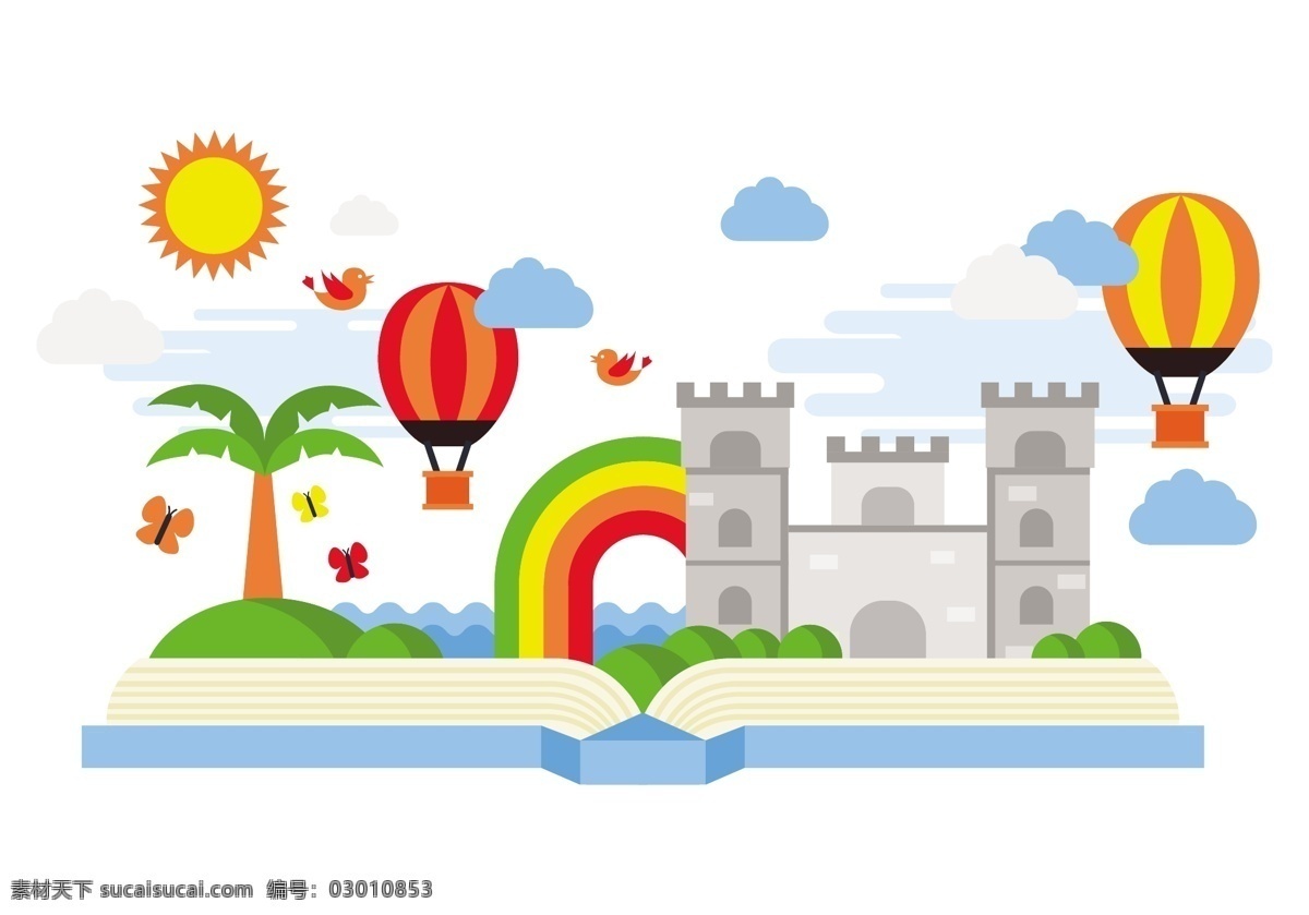 夏天 城市 旅游风光 矢量 风景 气球 热气球 椰子树 彩虹 建筑 云 绿化 矢量素材