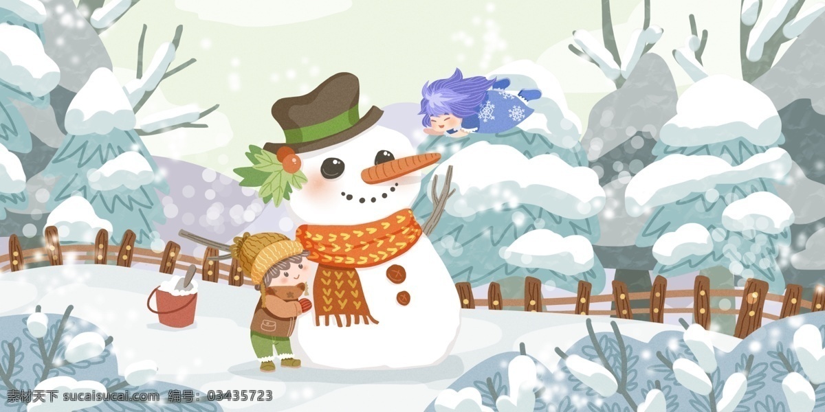 冬天 你好 兒童 雪人 雪地 遇到 雪 精靈 籬笆 雪精靈