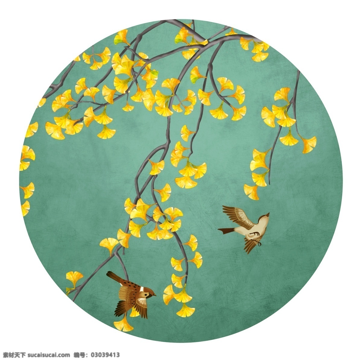 银杏 花鸟 中式 圆形 装饰画