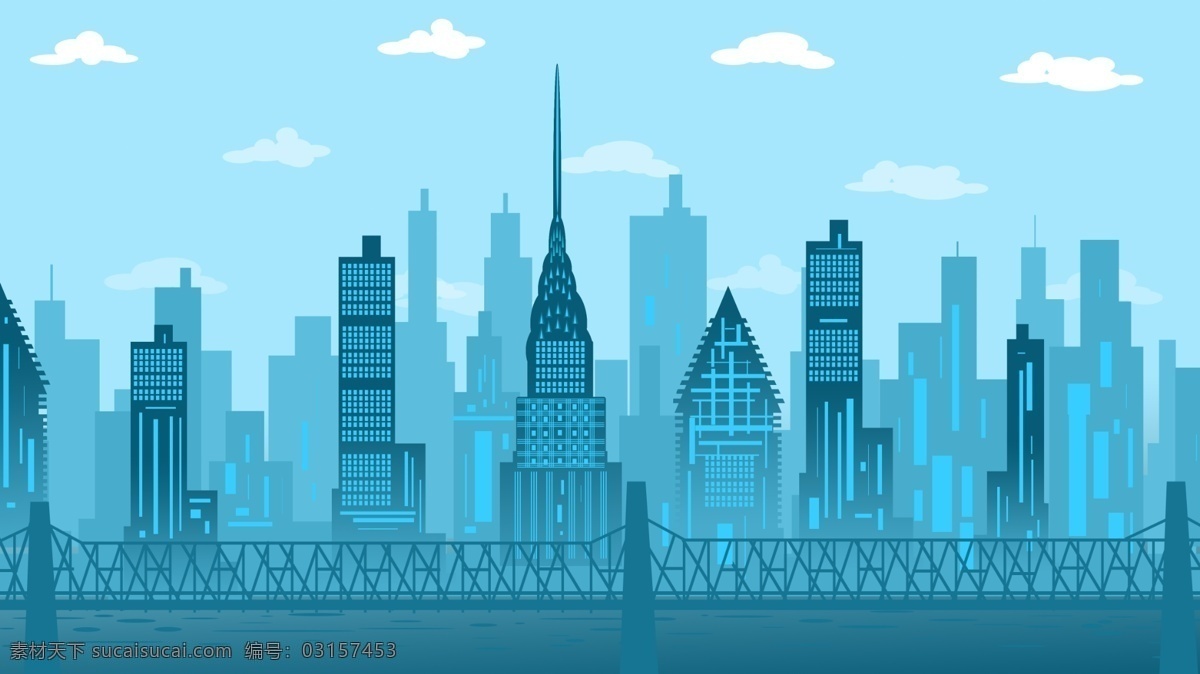 原创 插画 矢量 渐变 城市 剪影 克莱斯勒 大楼 蓝色