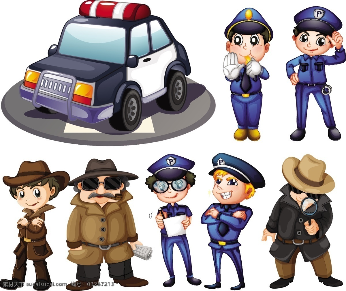 警察和侦探 侦探 汽车 间谍 调查 制服 帽 紧急状况 卡通 动画
