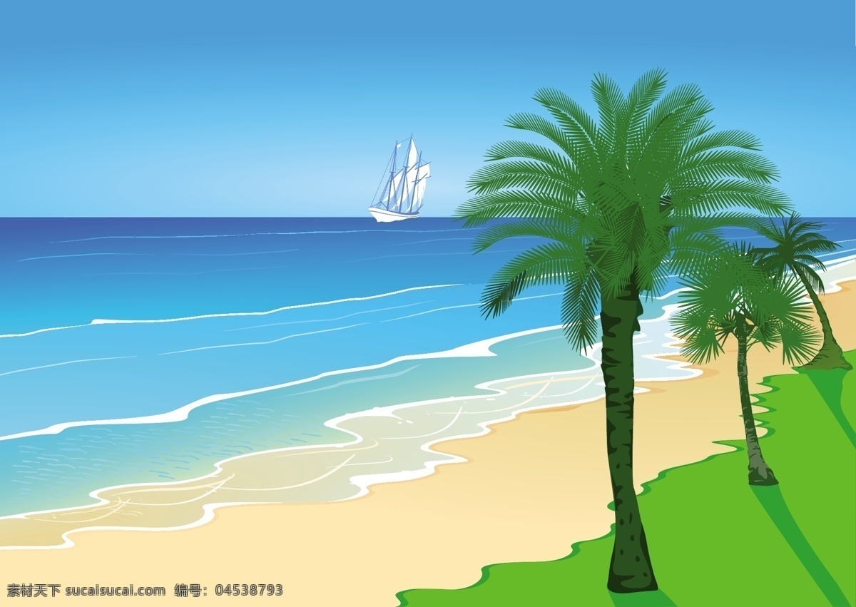 卡通 海灘 風(fēng)景 矢量 風(fēng)景園林 矢量圖 花紋花邊