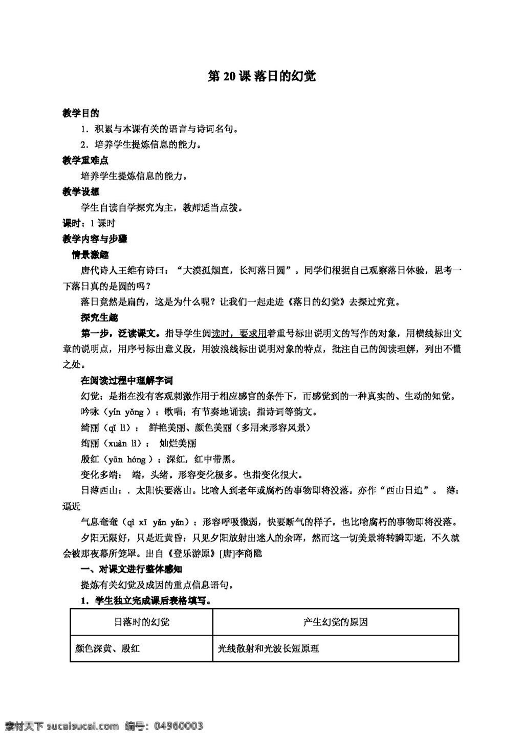 語(yǔ)文 人教 版 八 年級(jí) 上 課 落日 幻覺(jué) 教案 備課資料 八年級(jí)上 人教版