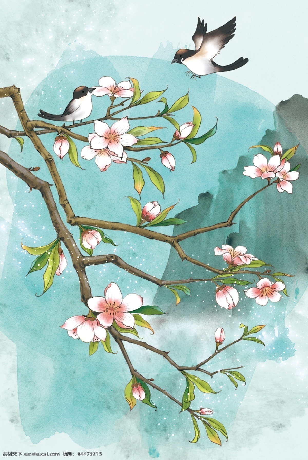 梅花 花朵 小鸟 插画 背景 海报 素材图片 清新 类