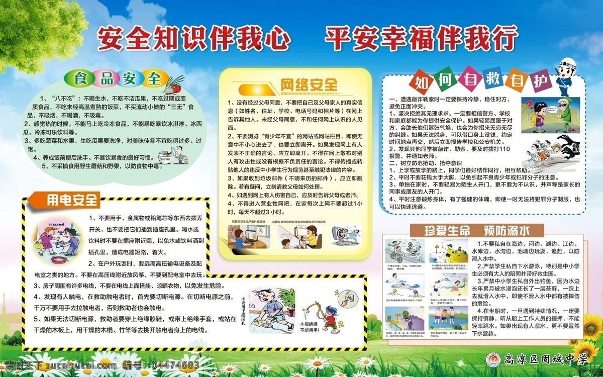 安全 知識(shí) 宣傳欄 學(xué)生安全知識(shí) 大樹 草地 藍(lán)天 白云 向日葵 邊框 分層
