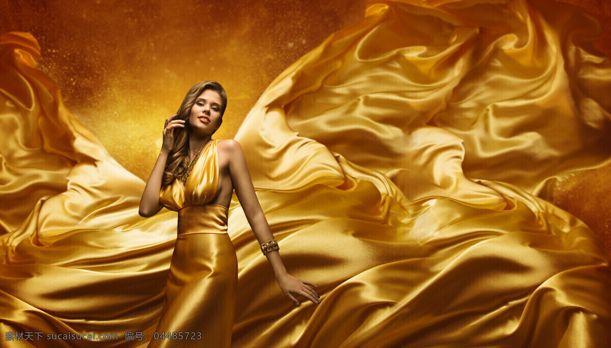 金色 礼服 美女模特 性感 黄色 裙子 长裙