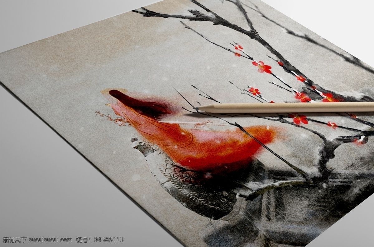 中国 古风 海报 红衣 少女 元素 书画 设计元素 梅花