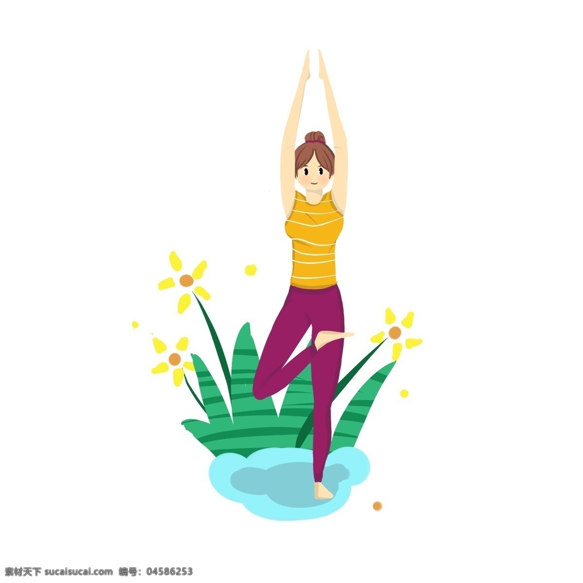 瑜伽 女孩 站 姿 手 绘图 站立 举手 花朵 黄色 绿色 植物 树叶 丛林 草丛 瑜伽垫 瑜伽服 瘦身 矢量图 卡通