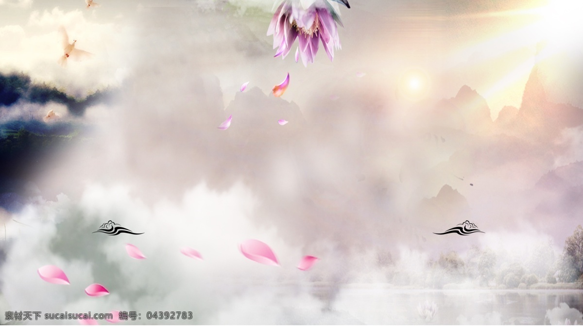 仙境 清新 花瓣 廣告 背景 祥云 云朵 陽光 光芒 廣告背景 云霧 手繪