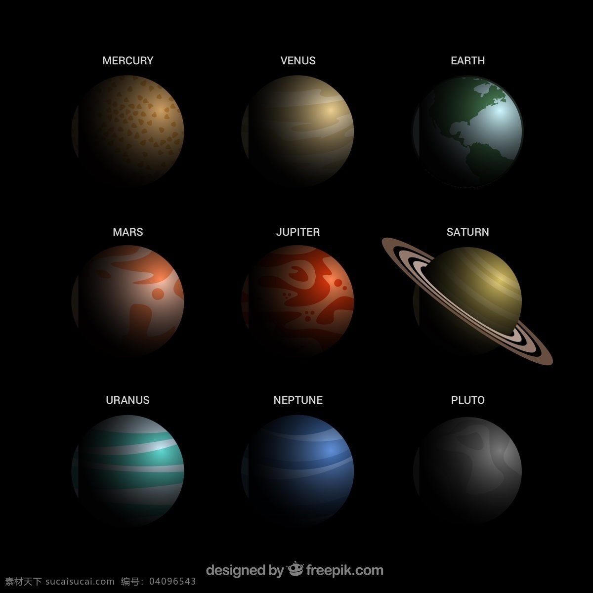 精美 太阳系 九大 行星 矢量图 水星 金星 地球 火星 木星 土星 天王星 海王星 宇宙 黑色