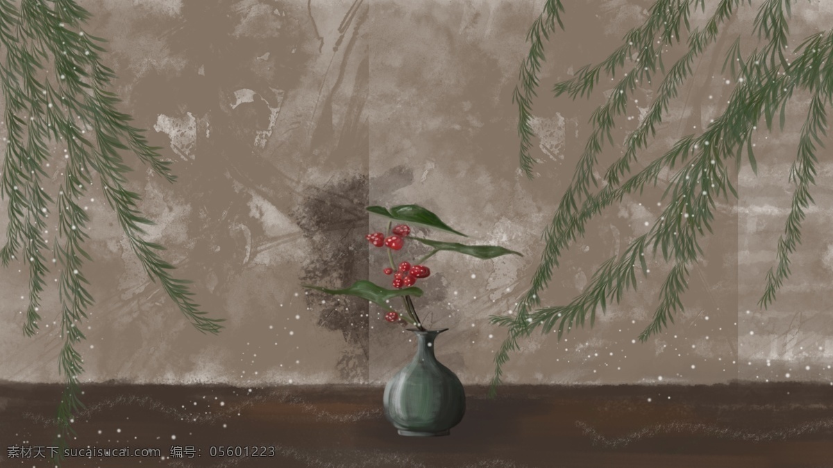 静物植物 花瓶 叶子 中国风 桌面 插画 静物 写实 柳枝 绘画 配图