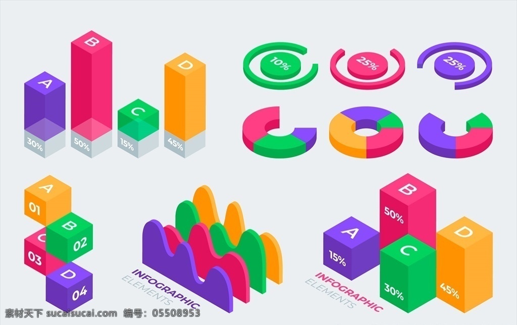 3d 立体 数据 图表 ppt素材 扇形图 柱状图 商务 简约 彩色 统计 分析 元素 商务金融