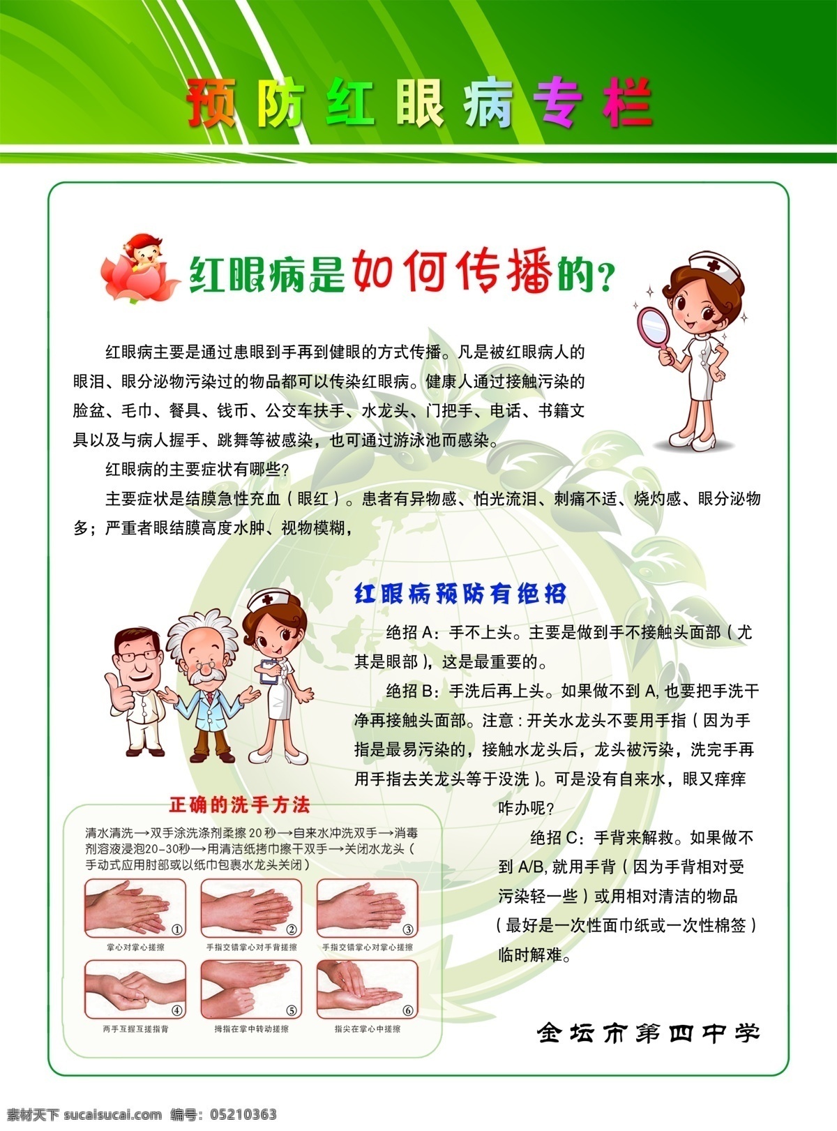 预防红眼病 红眼病 传播 预防 洗手 正确 方法 医生 护士 卡通 展板 模版 健康知识宣传 分层 源文件