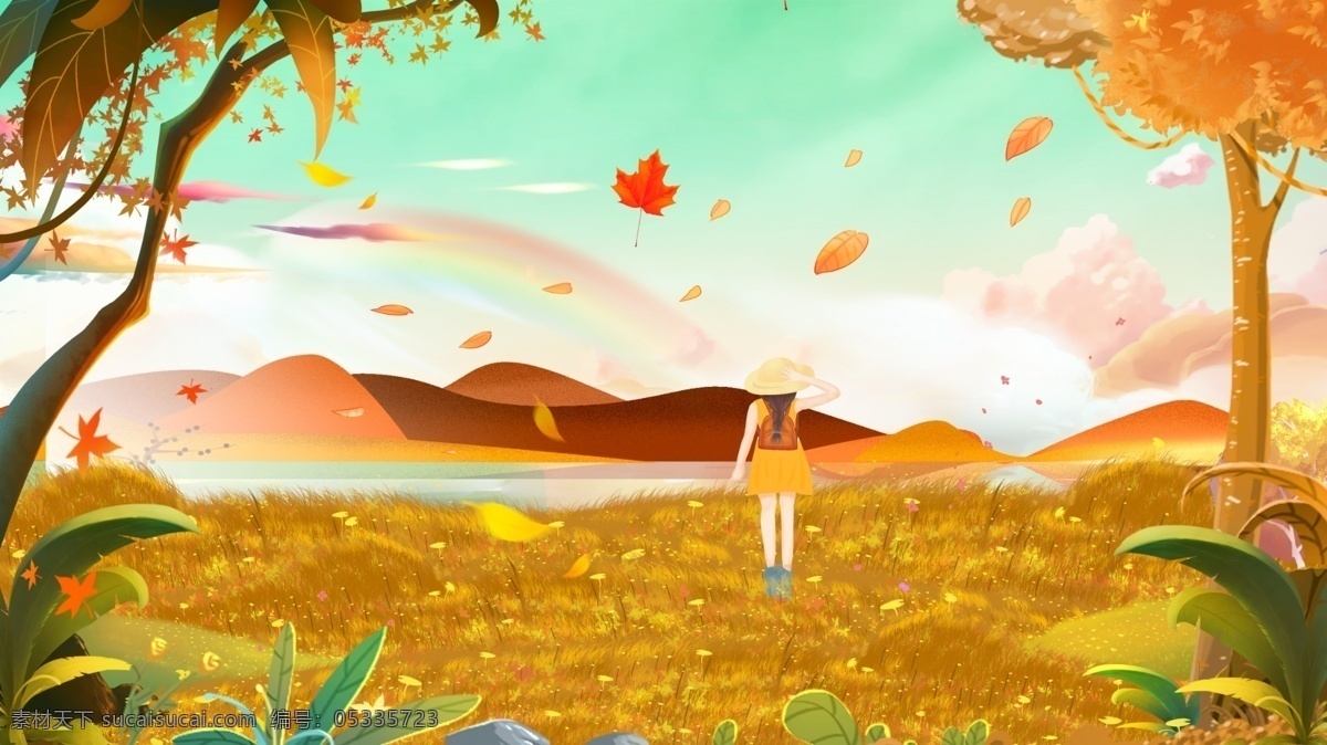 原创 手绘 插画 秋天 风景 女孩 散步 欣赏 美景 秋天风景 树林