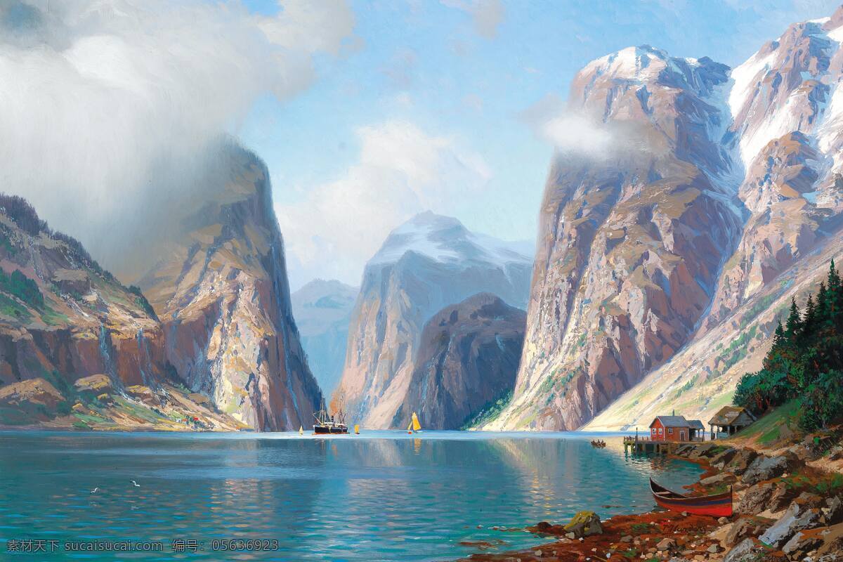 约翰内斯 哈德斯作品 德国画家 挪威 山水景观 群山环绕 云雾缭绕 小屋 19世纪油画 油画 文化艺术 绘画书法
