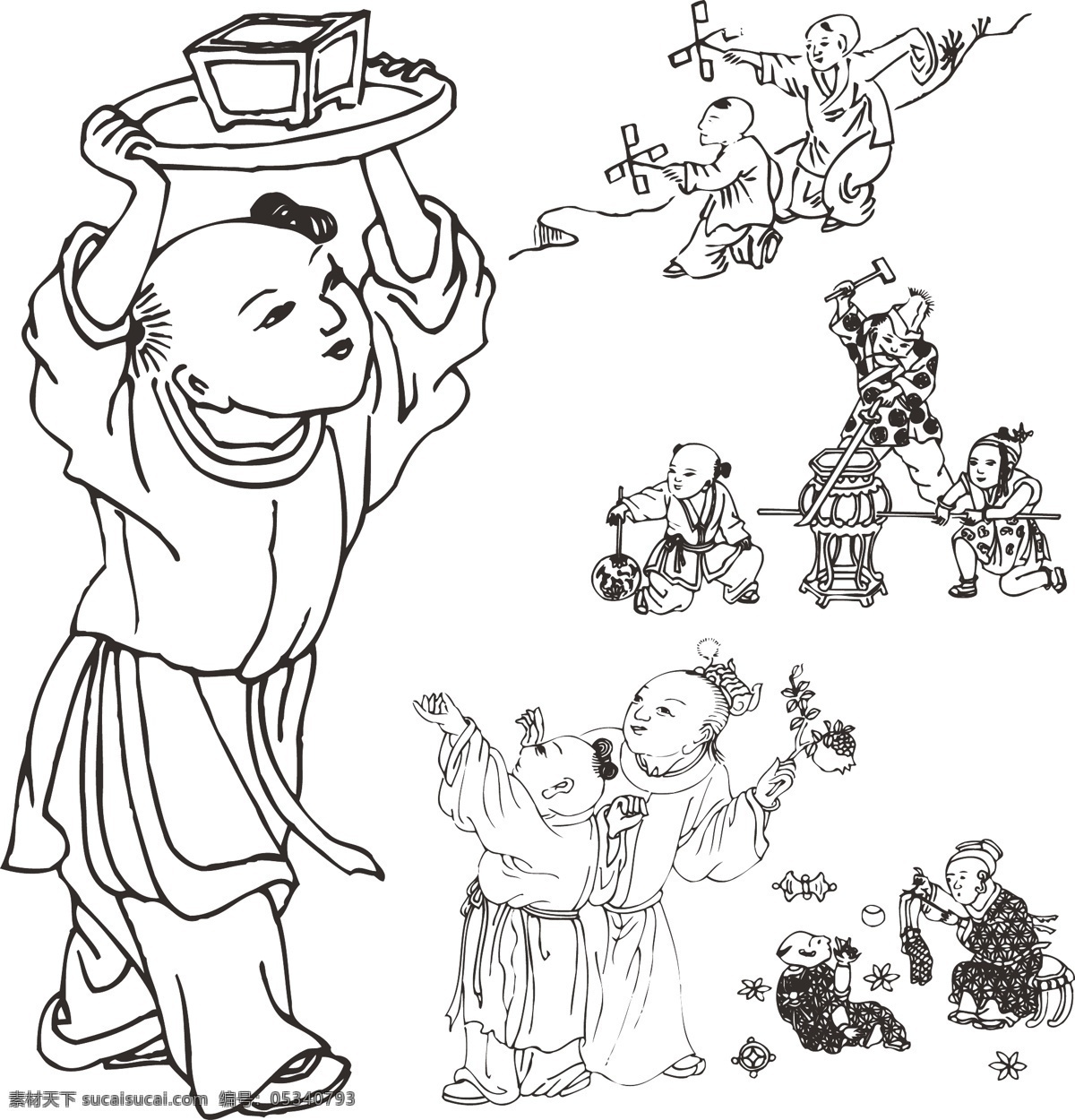 古代 童子 白描 圖 古代童子 白描圖 兒童 歷史 福娃 小孩 矢量 傳統(tǒng)文化 文化藝術(shù)