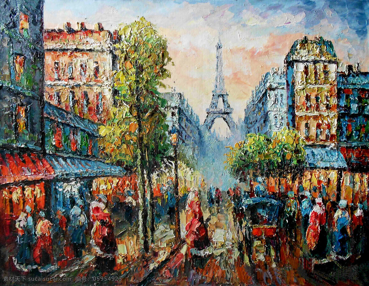 巴黎街景 美术 油画 城市风景 闹市区 高楼大厦 巴黎铁塔 人群 油画艺术 油画作品37 绘画书法 文化艺术