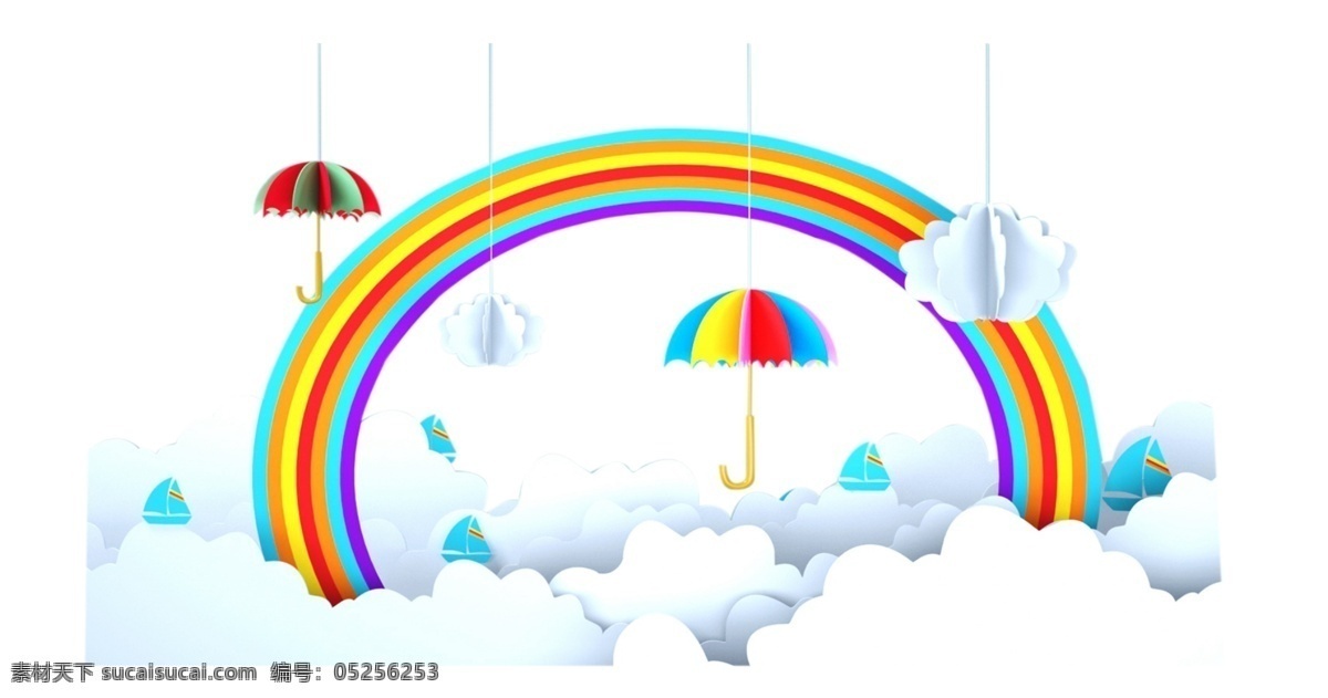 七色彩虹 帆船 白云 雨伞