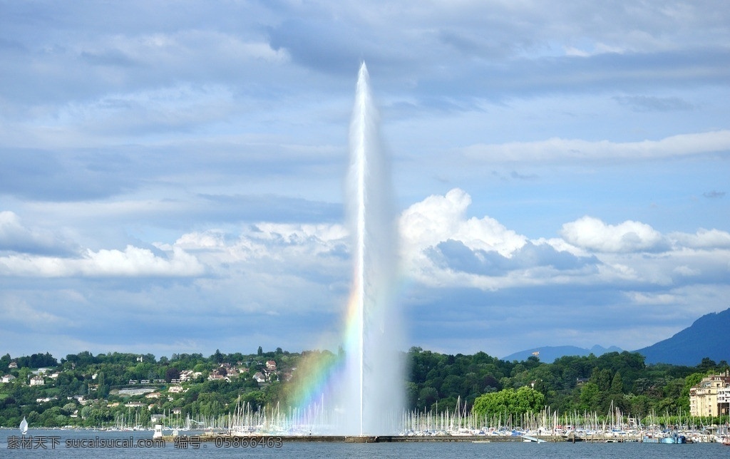 日内瓦湖喷泉 日内瓦湖 喷泉 瑞士 莱茫湖 蓝天 白云 湖水 绿树 国外旅游 旅游摄影