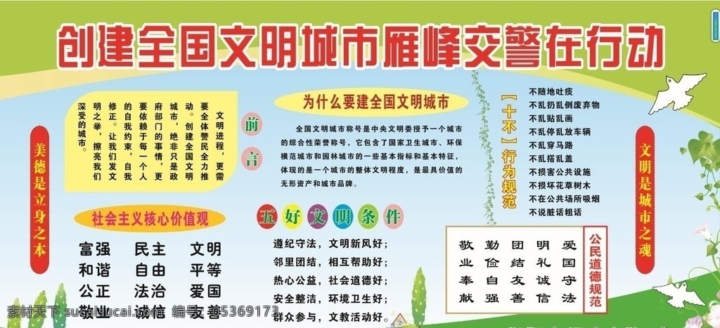 文明創(chuàng)建展板 全國文明城市 交警隊(duì)展板 社會主義 價值觀 宣傳展板