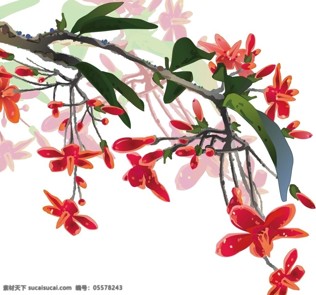 中国 风 传统 水墨 树枝 红色 花朵 中国风 水墨树枝 水墨花朵 彩绘树枝 彩绘花朵 手绘花朵 手绘树枝 树 花 文化艺术 传统文化