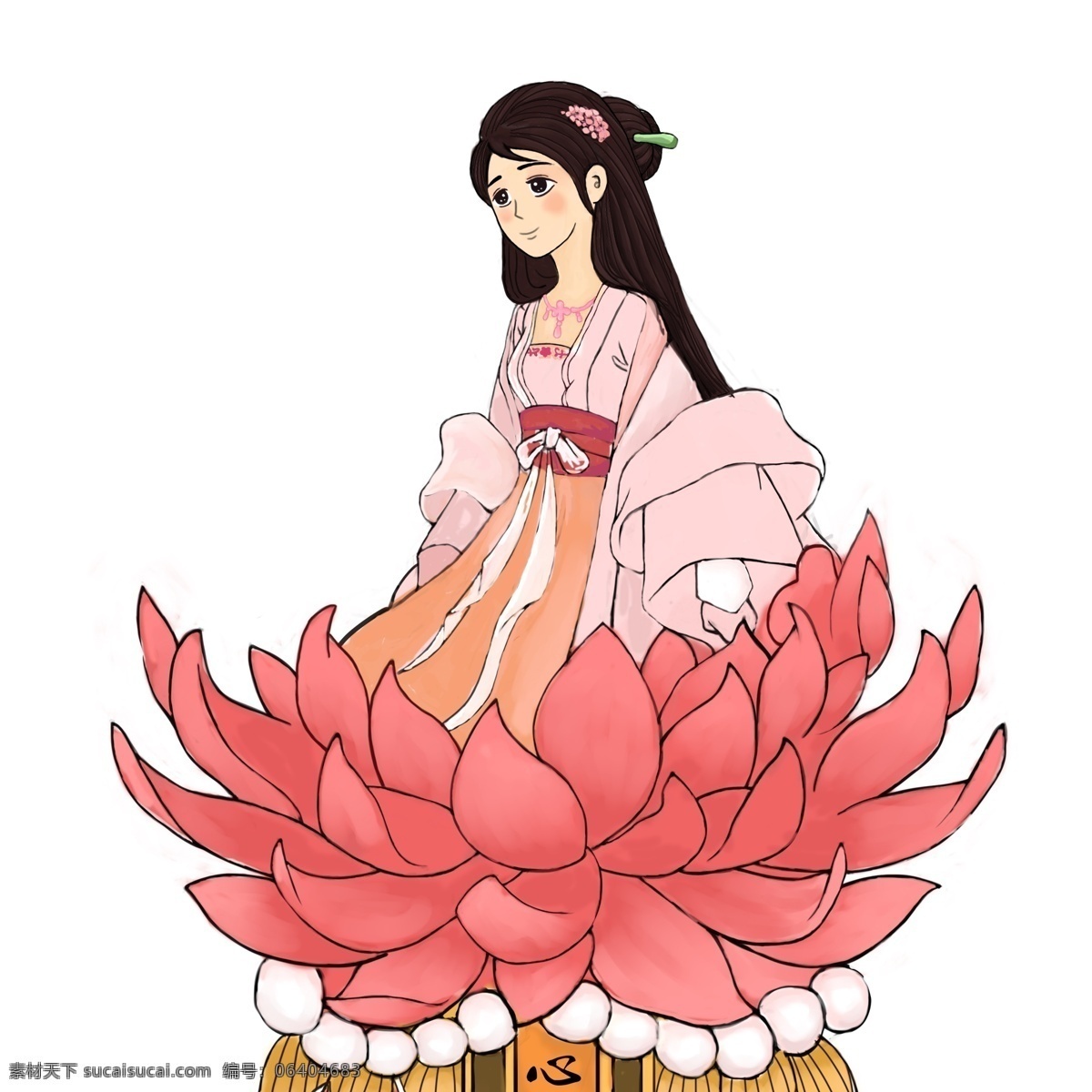 唯美 彩绘 坐在 莲花 上 少女 女孩 美女 古装 中国风