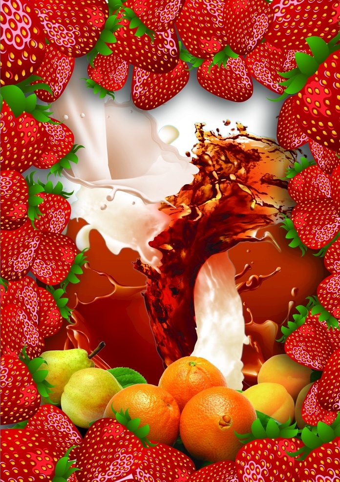 水果 草莓 牛奶 咖啡 草莓花边 草莓底纹 橘子 流动牛奶 倒牛奶 宣传展板模板 展板模板