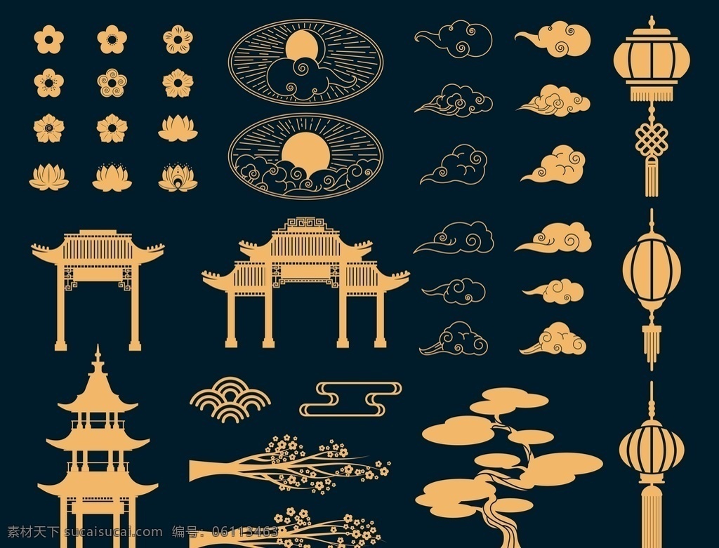 復(fù)古 中國(guó) 風(fēng) 元素 矢量 亞洲 中式 中國(guó)風(fēng) 祥云 建筑 燈籠 剪影