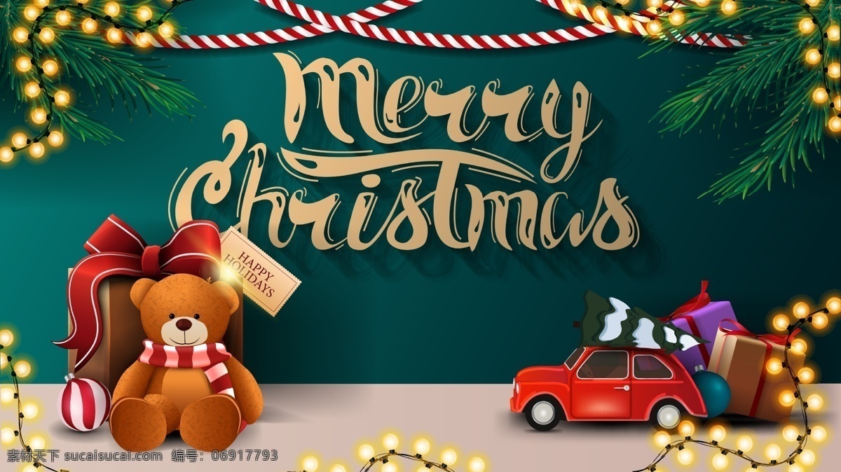 圣誕節(jié)海報(bào) 圣誕節(jié)招貼 merry christmas 圣誕元素 燈 矢量分層 圣誕展架 圣誕打折 禮盒 小熊 矢量禮盒 矢量小熊 矢量汽車 矢量燈帶 綠色背景 圣誕樹