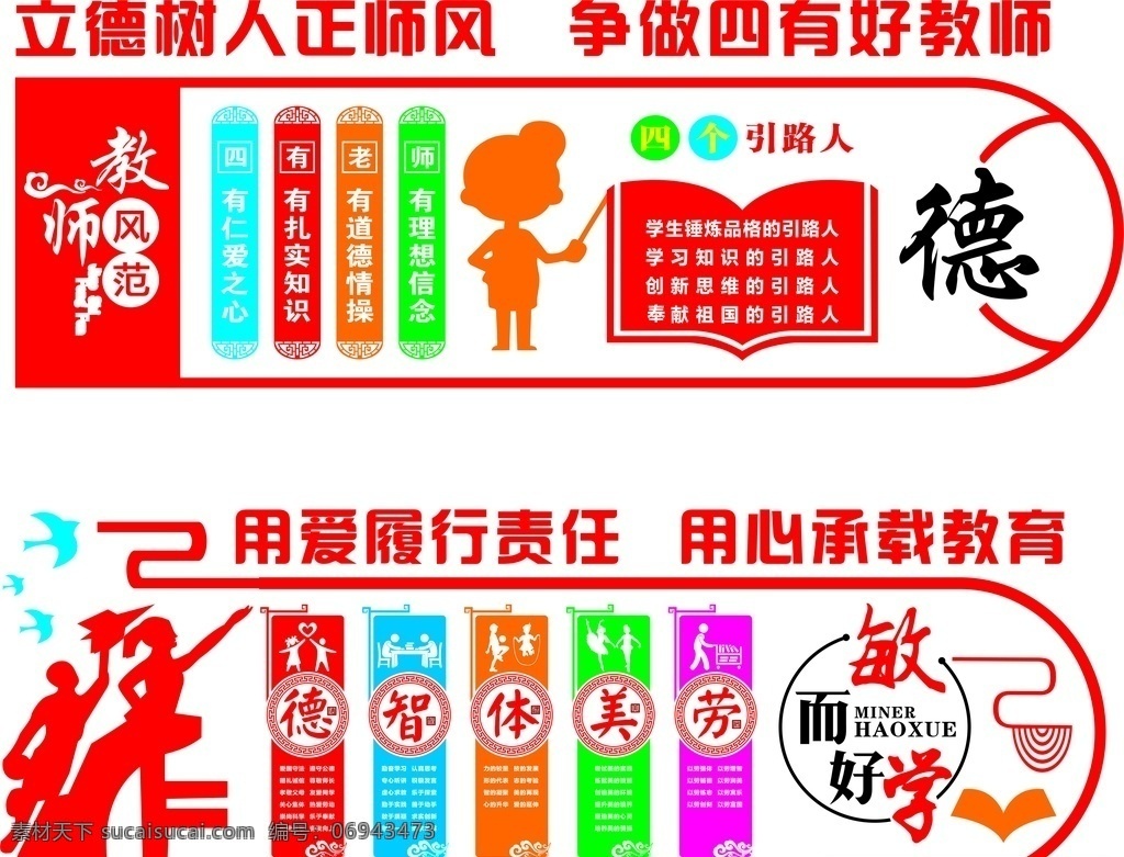 學校 文化 墻 教師風范 四有老師 卡通教師 文化墻 敏而好學 德智體美勞 書本 邊框